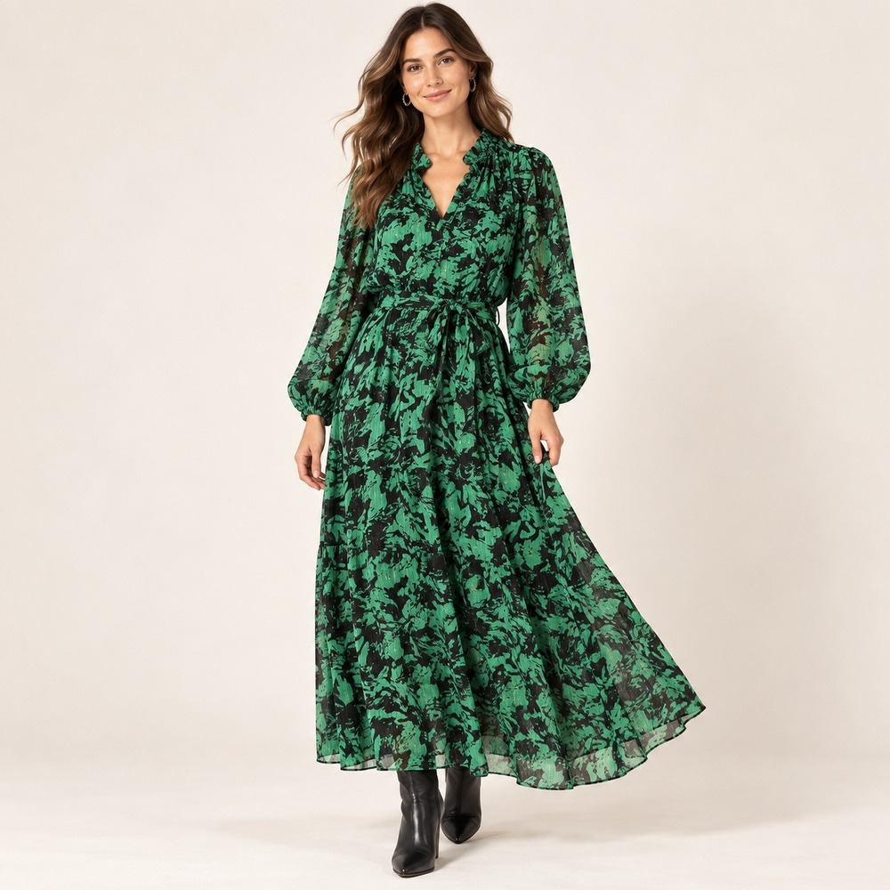 MISA Los Angeles Metallic Floral Maxi Dress Womens L Green Black Long Sleeve